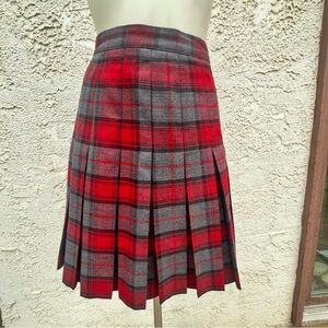 Vintage Braemar Petites Red & Grey Plaid Pleated Midi Skirt